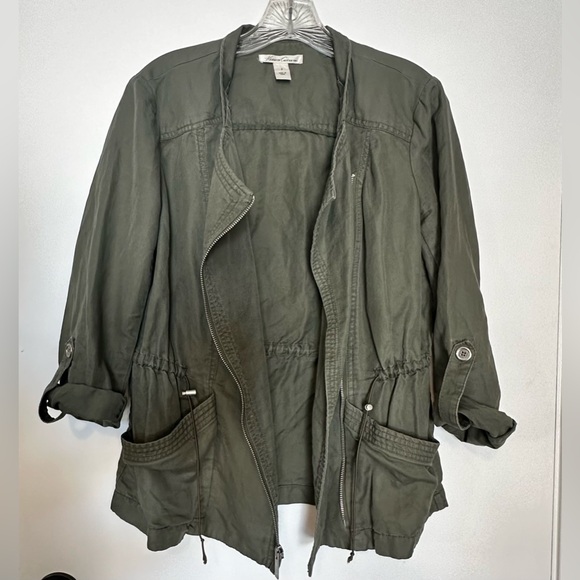 Kenneth Cole Army Green Zip Up Cinched Waist Overlap Front Linen Cotton Sz SM - Picture 3 of 10